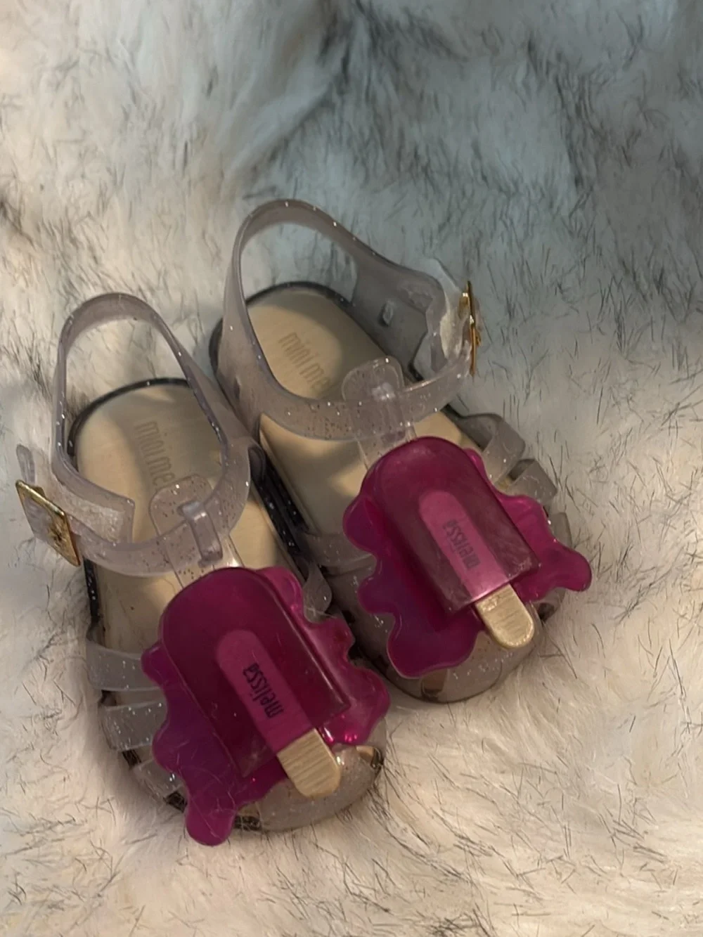 Mini Melissa Clear Glitter Sandals with Hot Pink Popsicle Charm